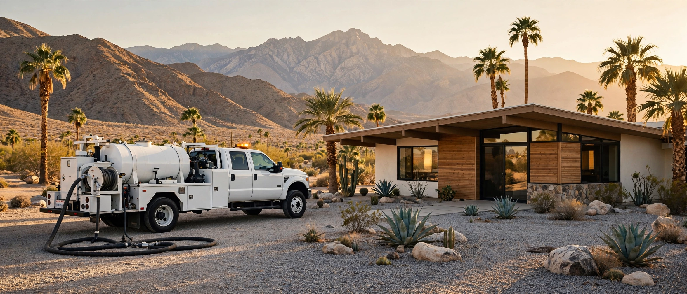 Septic service truck at a desert home in Palm Springs, CA